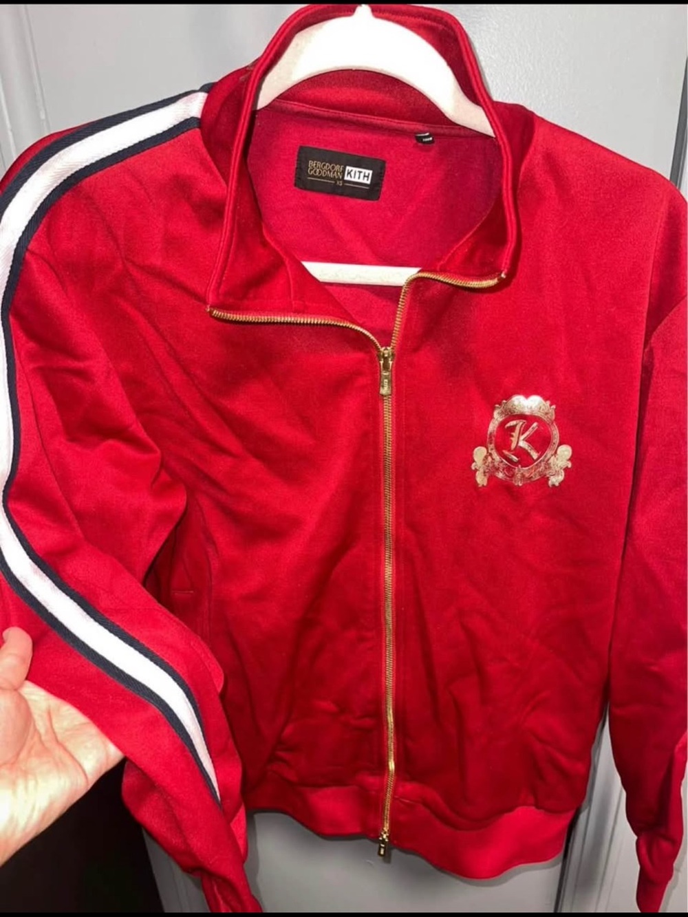 Kith Red Track Bomber Jacket with Navy & White Stripes Men’s XS